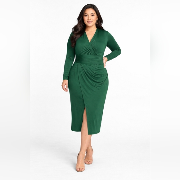 Rachel Roy Bret Draped Wrap Midi Dress 2X Ivy Green | Surplice | Long Sleeve - Picture 1 of 15